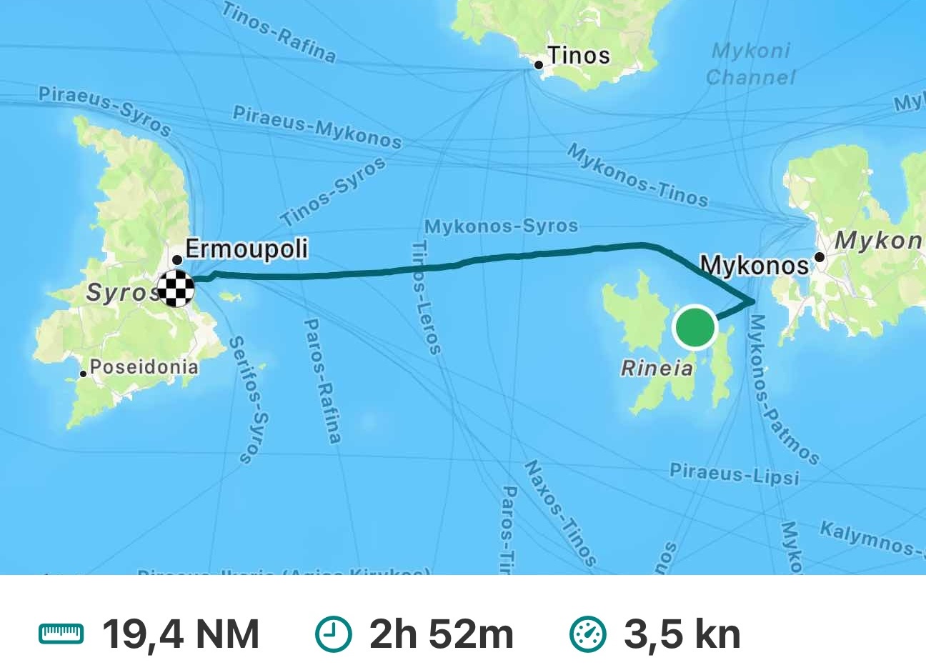 The leg to Syros — 19 nautical miles from our anchorage by Rineia to Ermoupoli