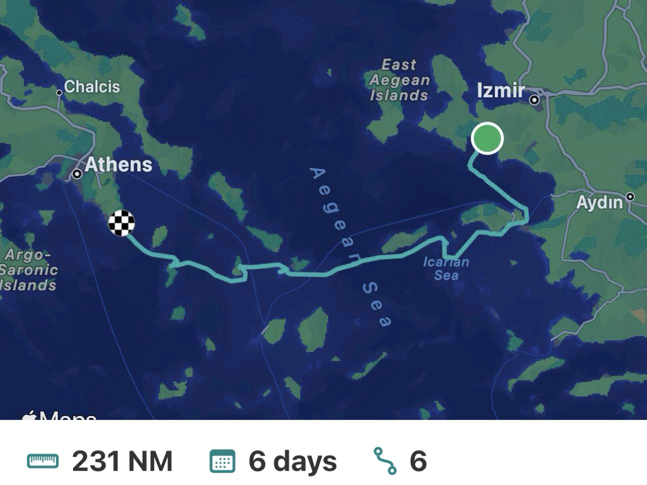 Our full passage from Seferihisar to Athens — 231 nautical miles over six days
