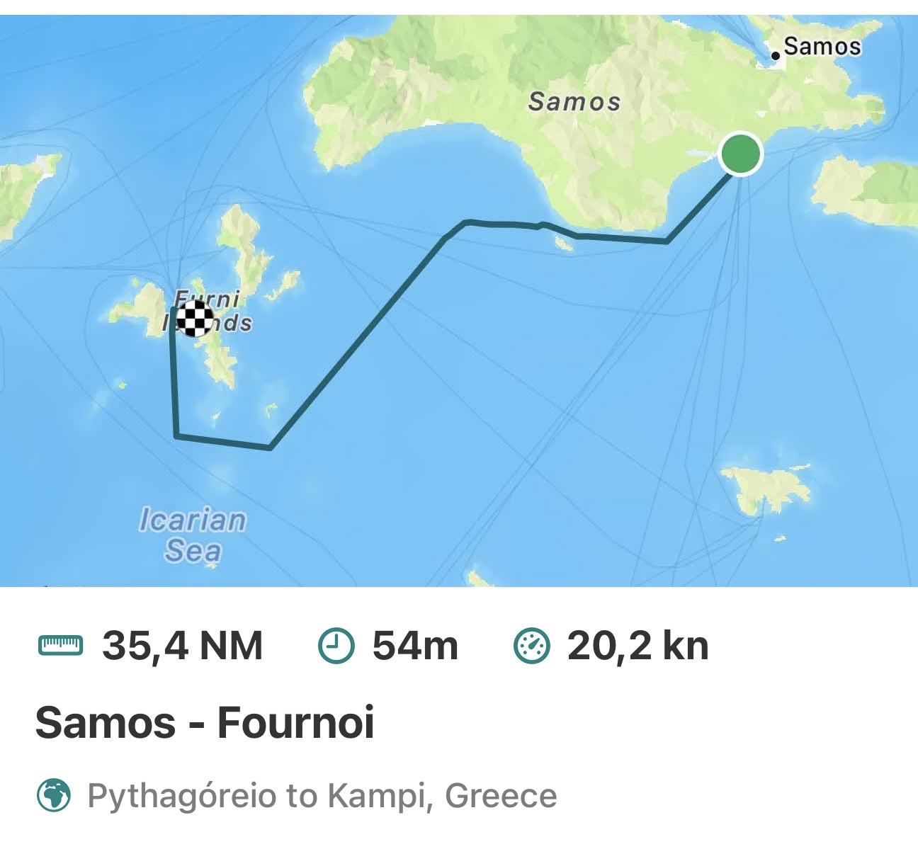 The leg from Samos to Fournoi — 35 nautical miles across the Icarian Sea