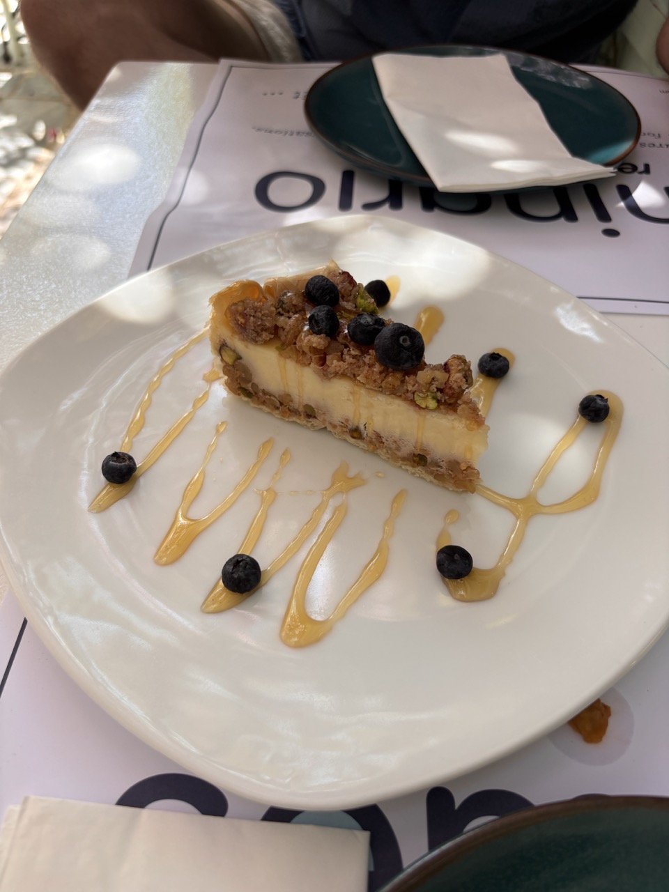 The surprisingly good baklava cheesecake, with blueberries and honey